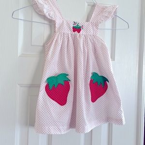 Summer dress, size 3, red and white polka dot strawberry pockets.